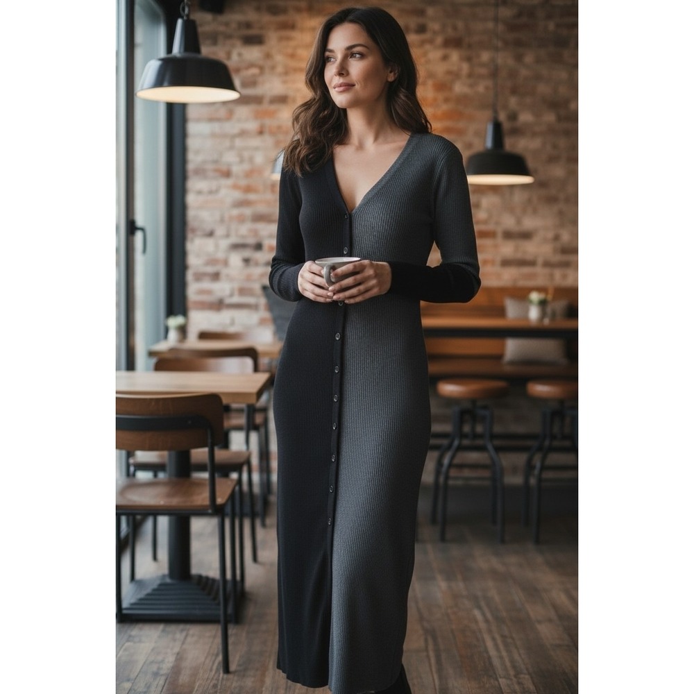 Nanette Lepore Sweater Dress L Black Grey Midi Ribbed Button Down Career Boho‎